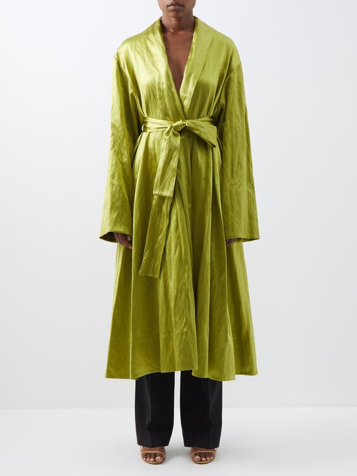 The Row - Emeline Belted Crinkled Silk-blend Coat Green