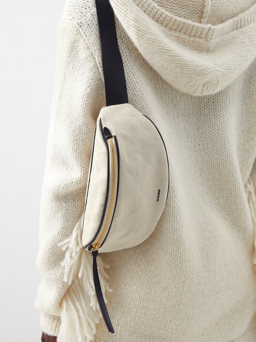 Moon Small Leather-trimmed Cotton-canvas Belt Bag In Natural