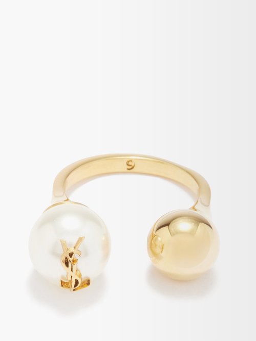 Saint Laurent Ysl Faux-pearl & Ball Brass Ring