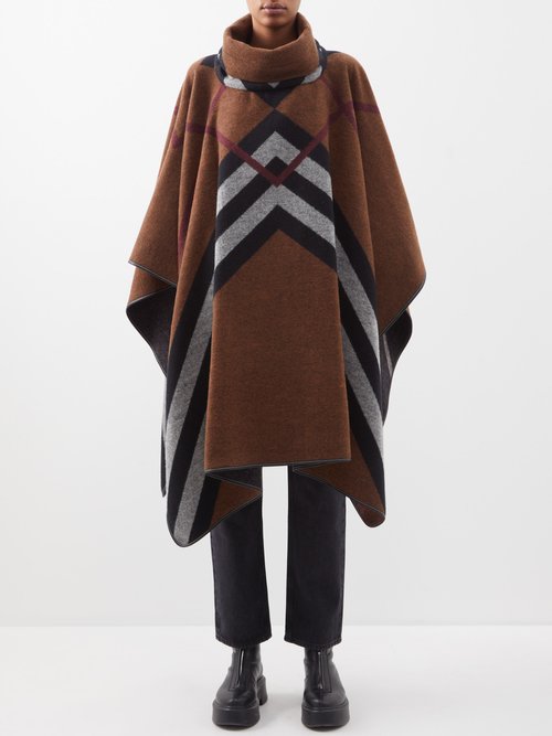 Burberry Leather-trimmed Chevron-check Cashmere Poncho