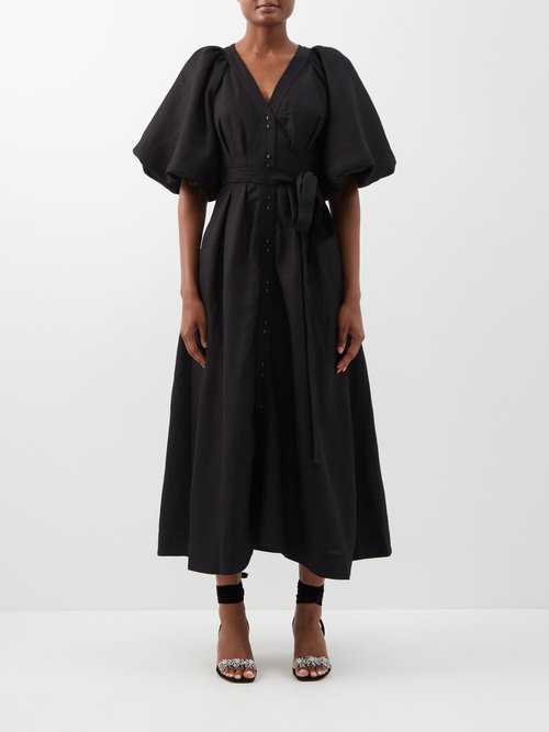 Aje - Evermore Puff-sleeve Linen-blend Midi Dress Black