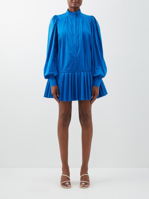 Aje - Fallingwater Pleated Cotton-poplin Shirt Dress Cobalt Blue