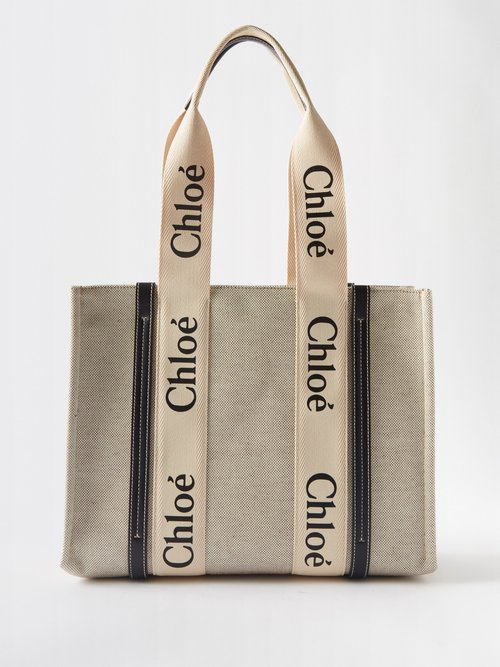 Chloé - Woody Medium Linen-canvas Tote Bag Beige Navy