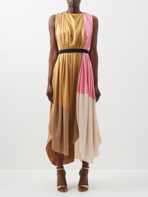 Roksanda - Aldona Colour-blocked Silk-satin Midi Dress Gold Multi