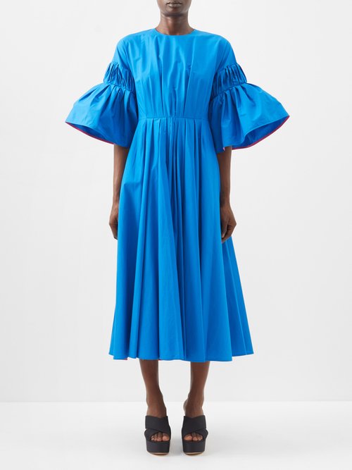 Buy Roksanda - Iosefena Gathered-sleeve Cotton Midi Dress Blue online - shop best Roksanda clothing sales