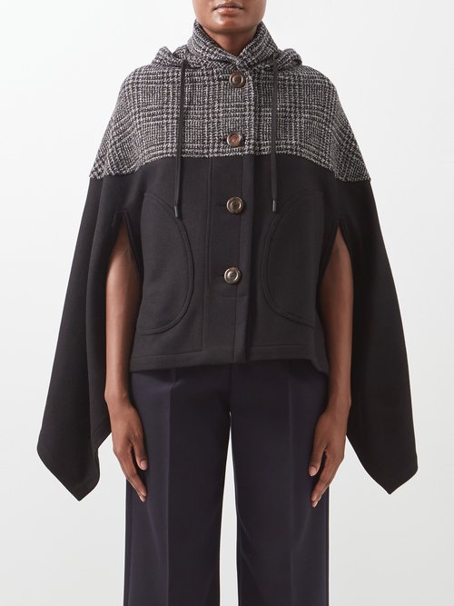 See By Chloé - Prince Of Wales Check Wool-blend Hooded Cape Black Multi