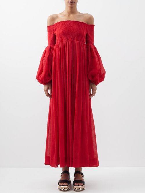 Chloé - Off-the-shoulder Shirred Wool-gauze Maxi Dress Red