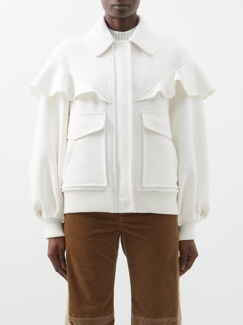 Chloé - Ruffled Wool Blend-tricotine Bomber Jacket Ivory