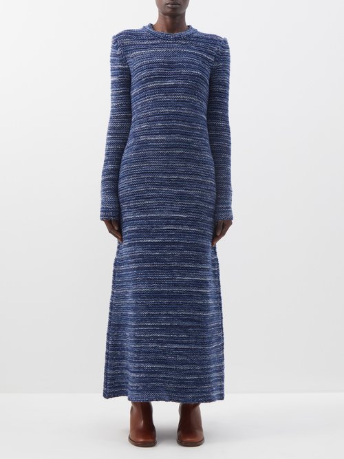 Chloé - Long-sleeved Mélange-cashmere Maxi Dress Blue Stripe