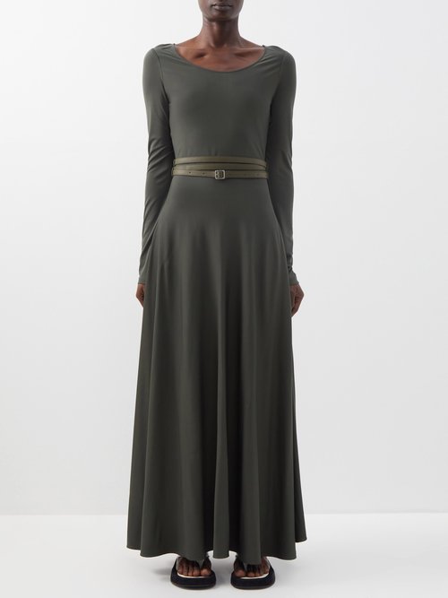 Loewe - Scoop-neck Belted Jersey Midi Dress Khaki