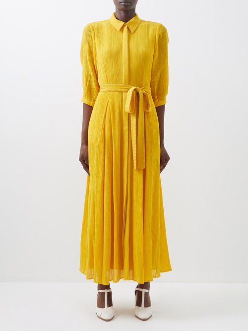 Gabriela Hearst - Andy Belted Crinkled Cotton-blend Dress Yellow