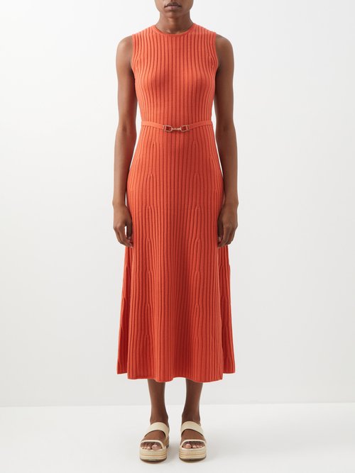 Gabriela Hearst - Meier Belted Ribbed Wool-blend Dress Dark Orange