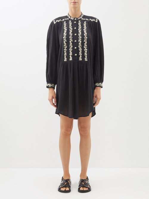 Isabel Marant Étoile - Gena Embroidered Crinkled-cotton Mini Dress Black