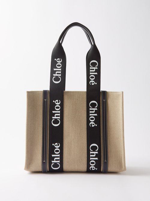Chloé - Woody Medium Linen-canvas Tote Bag Black Cream