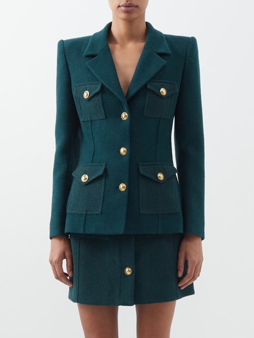 Alessandra Rich - Patch-pocket Wool-blend Bouclé Suit Jacket Dark Green