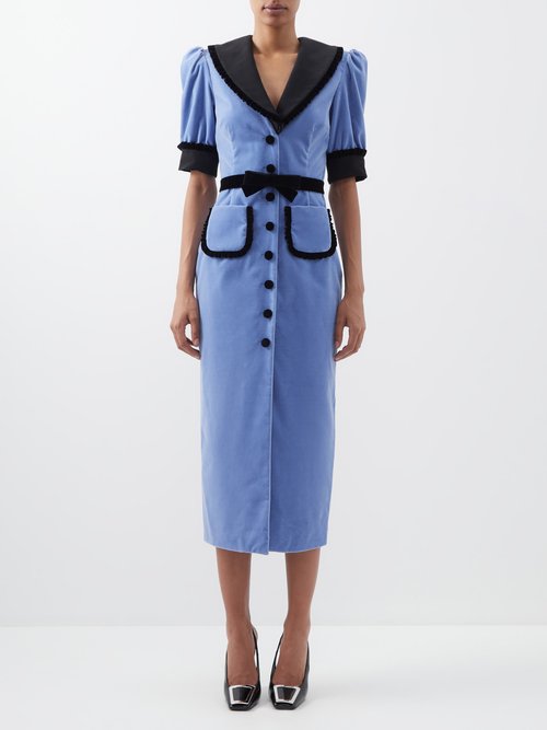 Alessandra Rich - Grosgrain-collar Cotton-blend Velvet Dress Blue