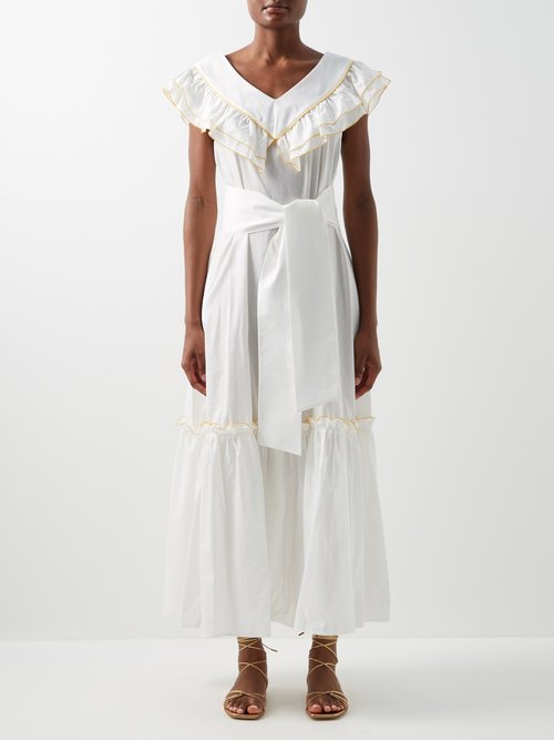 Loretta Caponi Lia Sashed-waist Cotton Midi Dress