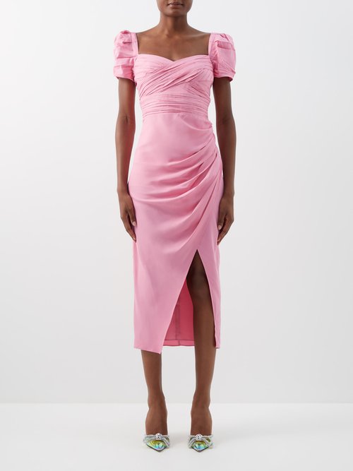 Self-portrait - Puff-sleeve Gathered Crepe Dress Bright Pink