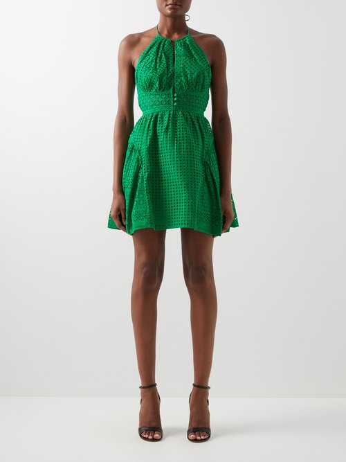 Buy Self-portrait - Broderie Anglaise Cotton Mini Dress Bright Green online - shop best Self-Portrait clothing sales