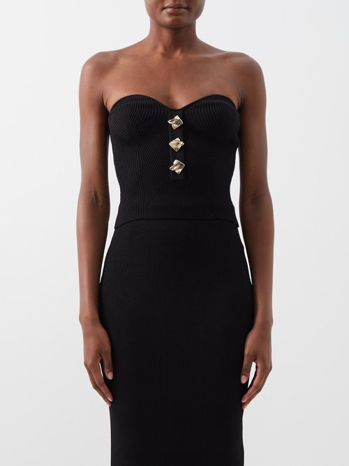 Self-Portrait Button-embellished Ribbed-knit Strapless Top