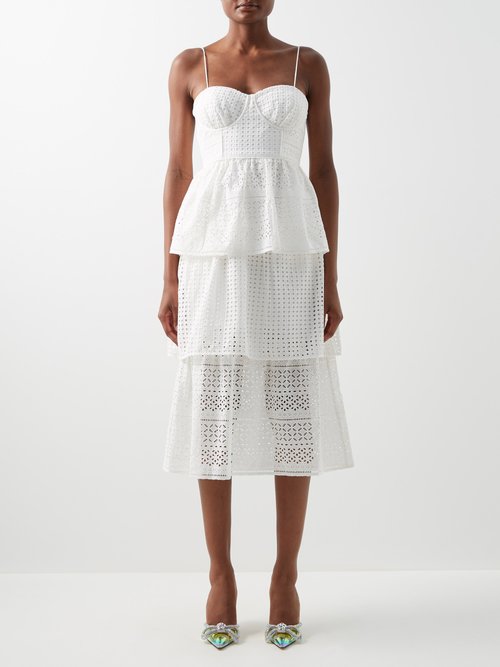 Self-portrait - Tiered Broderie-anglaise Cotton Midi Dress White