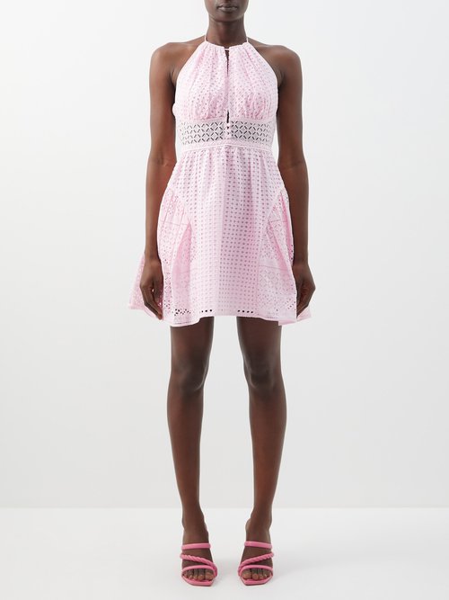 Self-portrait - Halterneck Broderie-anglaise Cotton Mini Dress Light Pink
