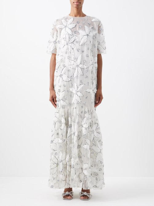 Buy Ashish - Water Lily Sequinned-organza Dress White Silver online - shop best Ashish clothing sales