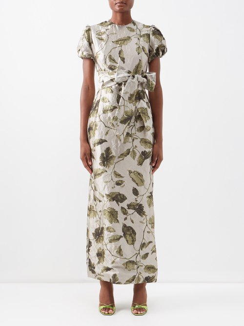 Erdem Arvilla Legge Leaves-print Crushed-satin Dress