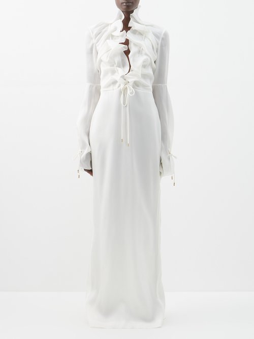 Tom Ford - Ruffled Plunge-neck Silk-satin Organza Gown White