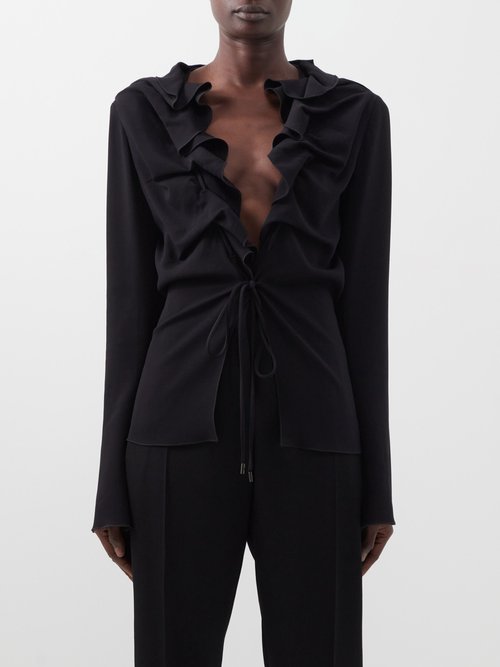 Tom Ford - Ruffled Plunge-front Cady Top Black