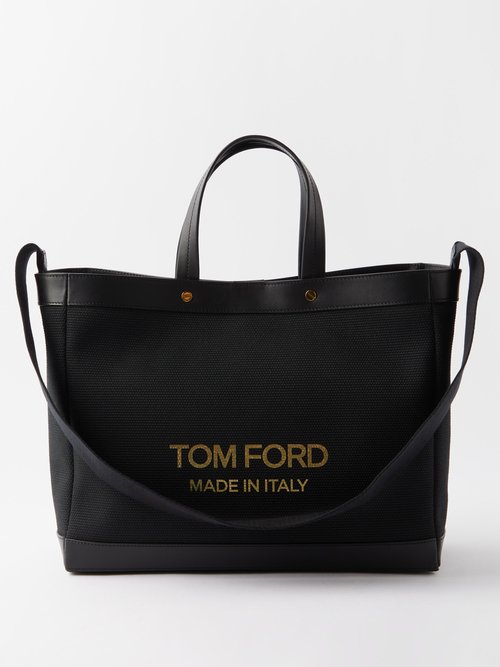 Tom Ford - T Screw Small Textured-canvas Leather-trimmed Tote Black Gold