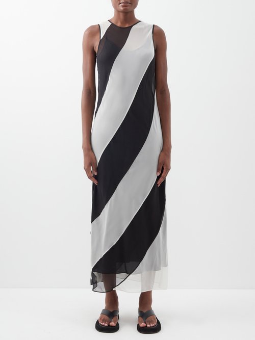 Lee Mathews - Dixon Striped Silk Crepe De Chine Dress Black White