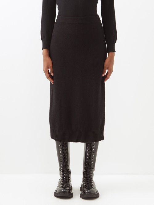 Moncler Side-slit Cashmere-blend Midi Skirt In Black