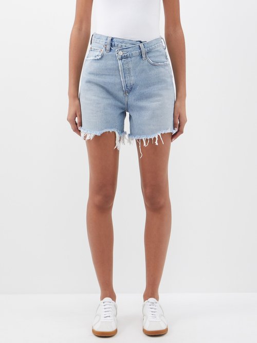 Criss Cross Distressed Organic-cotton Denim Shorts