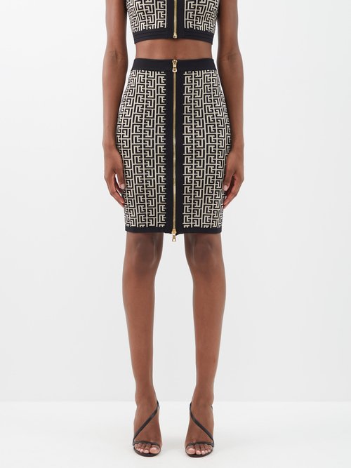 Balmain Monogram-jacquard Zipped Pencil Skirt