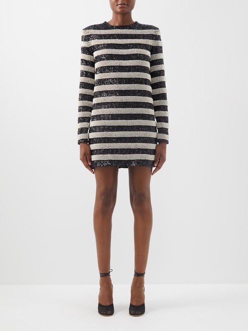 Balmain - Faux-pearl And Sequinned Striped Dress Beige Black