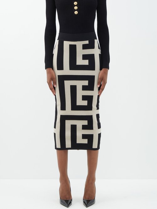 Balmain Monogram-jacquard Wool-blend Pencil Skirt