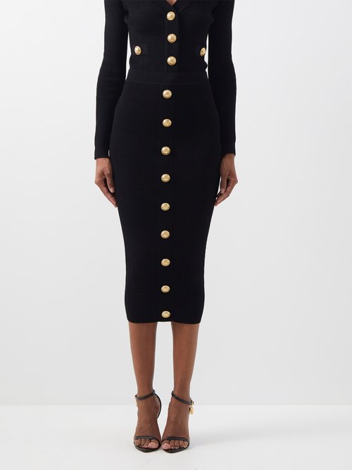 Balmain Button-embellished Ribbed Pencil Skirt