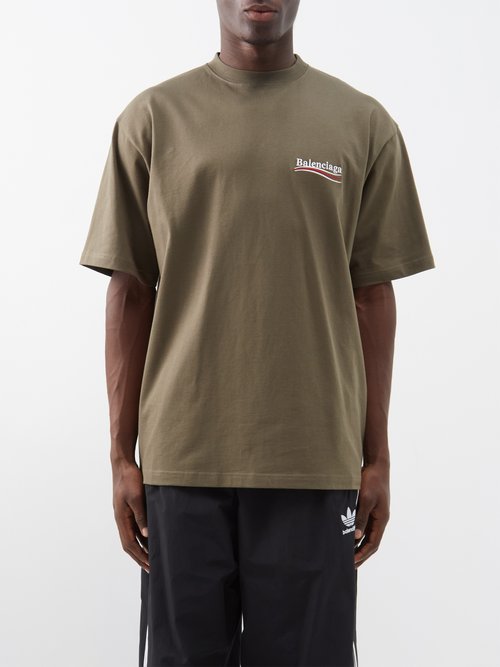 Balenciaga - Logo-embroidered Cotton-jersey T-shirt - Mens - Khaki
