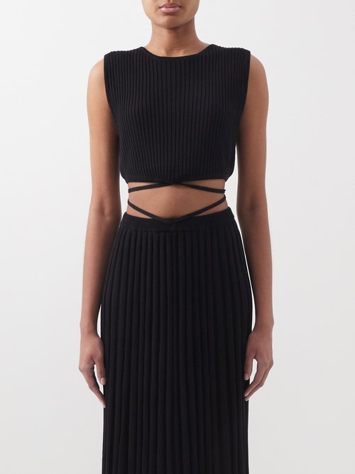Waist-tie Ribbed-knit Cropped Top