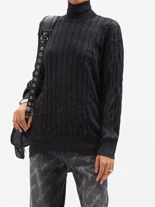 Balenciaga - Crest-embroidered Roll-neck Crinkled-silk Sweater Black