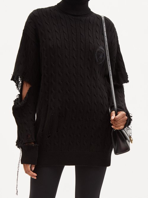 Balenciaga Crest-logo Distressed Cable-knit Cotton Sweater
