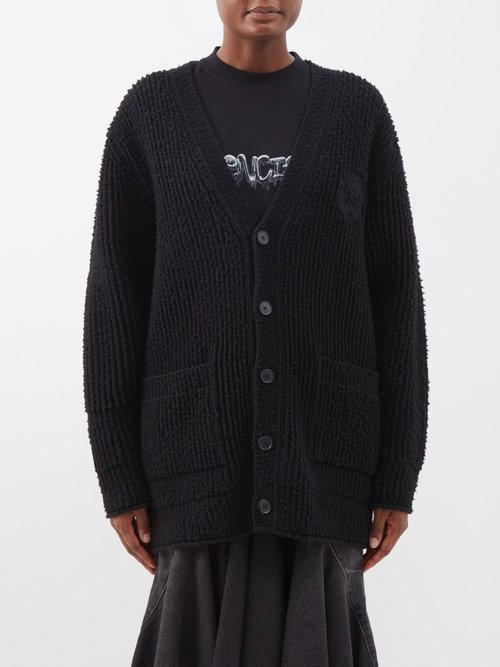 Balenciaga - Logo-embroidered Distressed Wool Cardigan Black
