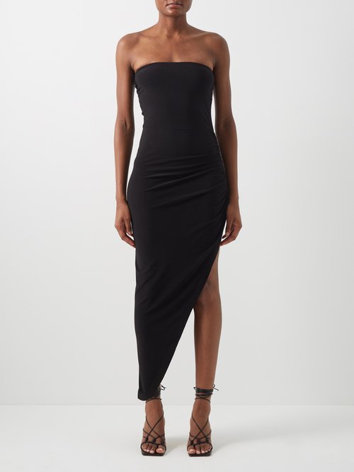 Norma Kamali - Asymmetric Strapless Jersey Midi Dress Black