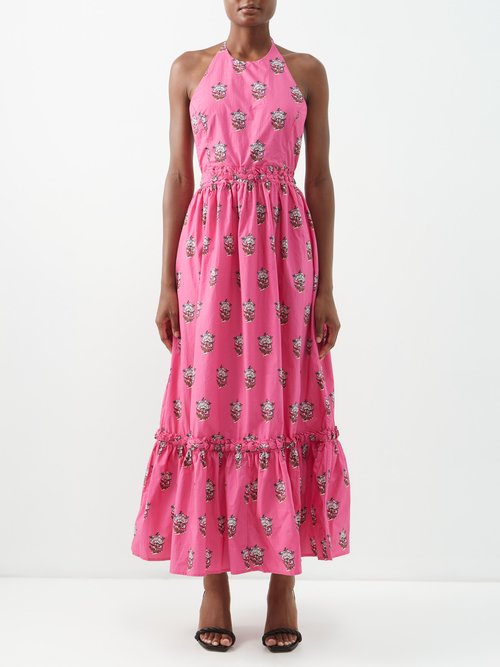 rhode - salena printed cotton halterneck dress womens pink print