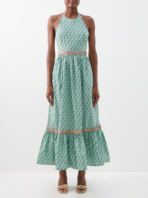 Rhode - Salena Jawahar Garden-print Cotton-poplin Dress Mint Multi
