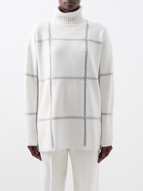 Joseph - Roll-neck Check Merino Sweater Ivory Multi