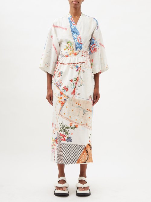 By Walid Clare Vintage Patchwork Linen Midi Dress