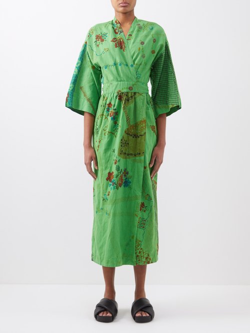 By Walid Clara Vintage Patchwork Linen Midi Dress In Green