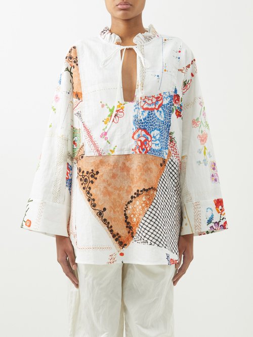 By Walid Marni Vintage Patchwork Linen Tunic In White Multi